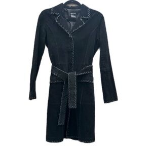 Y2K Wet Seal Black Genuine Suede Leather Long Belted Jacket whipstitch details S
